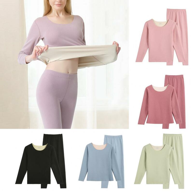 Cold Weather Thermal Underwear Set Women's Winter Thermal Underwear Set Self-heating U-neck Tops High Waist Pants for Warmth