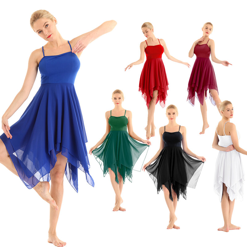 Women Ballet Dress Gymnastic Leotard Ballerina Adult Spaghetti Strap Sleeveless Asymmetric Chiffon Contemporary Dance Dress