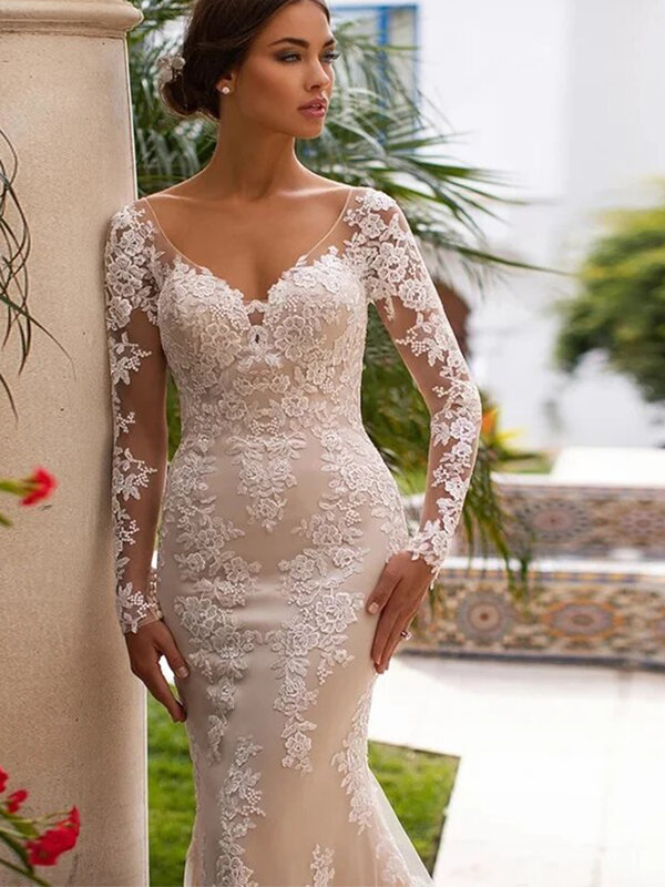 Женское кружевное свадебное платье It's yiiya, белое Тюлевое платье с длинными рукавами, аппликацией и V-образным вырезом на лето 2023
