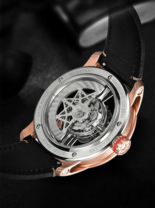 HANBORO Bird'S Nest Design Automatic Watch Men Mechanical Watch 2021 Luxury Tourbillon Watch For Men Leather Reloj Dorado
