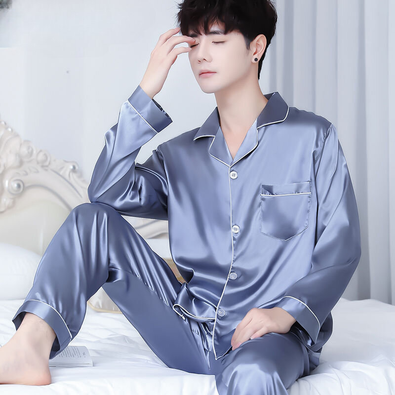2023 New Men Ice Silk Long Sleeve plus Size Imitation Silk Thin Pajamas Casual and Comfortable Home Wear Fashion Suit