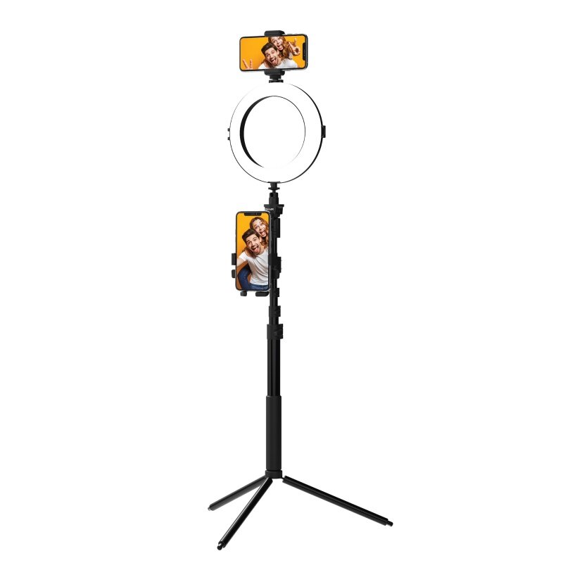 Na antenie stacja multimedialna LivePro-8 w lampa pierścieniowa LED, podwójny uchwyt do telefonu, kij do Selfie ze statywem