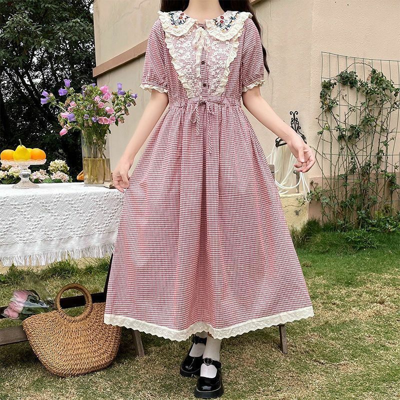 Garota Mori-Vestido xadrez bonito feminino com colarinho de boneca, bordado em renda vintage verão, vestidos longos estéticos, doce