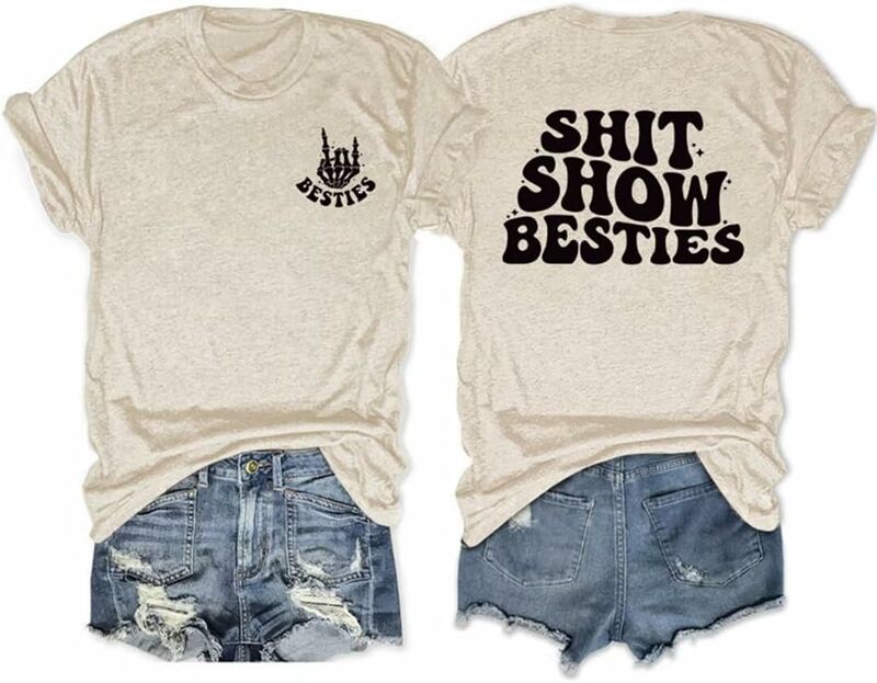Besties Shirt Women's Funny Letter Print Humor T-Shirt Casual Short Sleeve Crew Neck Shirt for Friend Fashion Tops