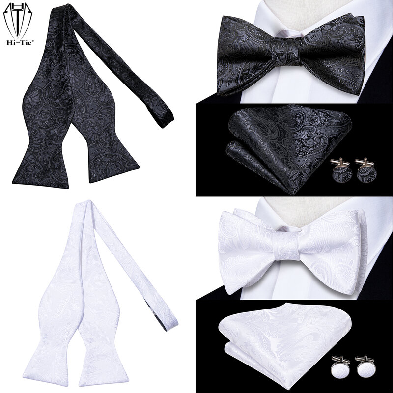 Silk Adjustable Mens Self Bowtie Jacquard Woven Bow Tie Pocket Square Cuff links Set for Men Black White Paisley Floral Wedding