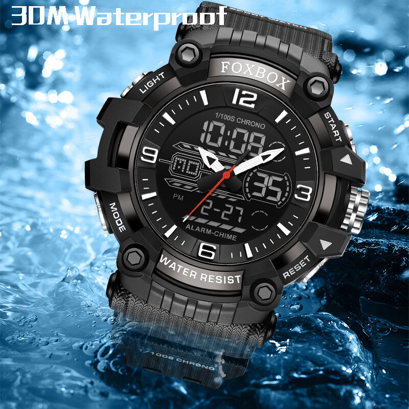 Foxbox-男性用クォーツ時計,シリコンブレスレット,スポーツ腕時計,防水アラーム,アナログデジタル
