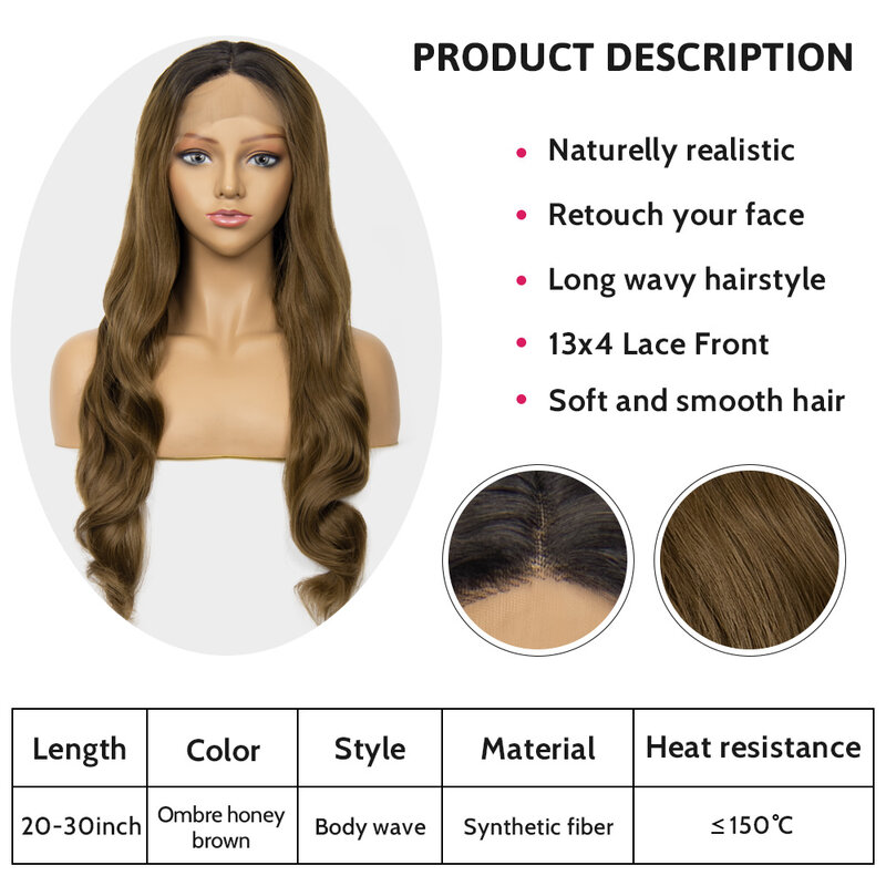 Perruque Lace Front Wig synthétique ombrée colorée pour femme, perruques Body Wave, cheveux Cosplay pour femme, degré de chaleur, cheveux synthétiques colorés Sophia, 13x4