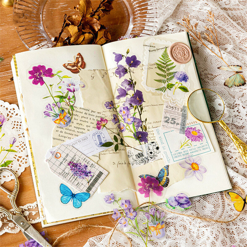Botânico vintage adesivos para scrapbook, flores estéticas, material de conta mão, papelaria decorativa, 6 estilos, 100pcs por saco