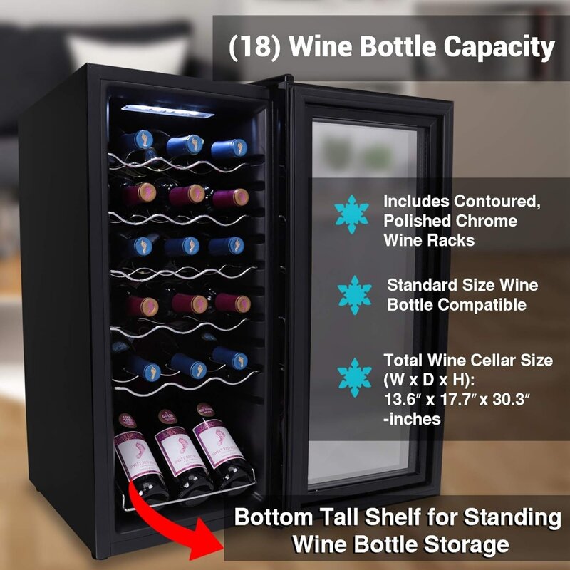 NutriChef Wine Cooler Refrigerator - 18-Bottle Wine Fridge with Air-Tight Glass Door, Touch Screen Digital