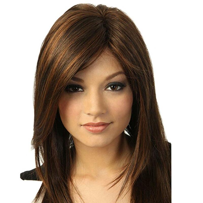 Women Bone Straight Bob Wig Dark Brown Human Hair Wigs Partial Bangs Full Wig High Temperature Fiber Glueless Wig Human Hair