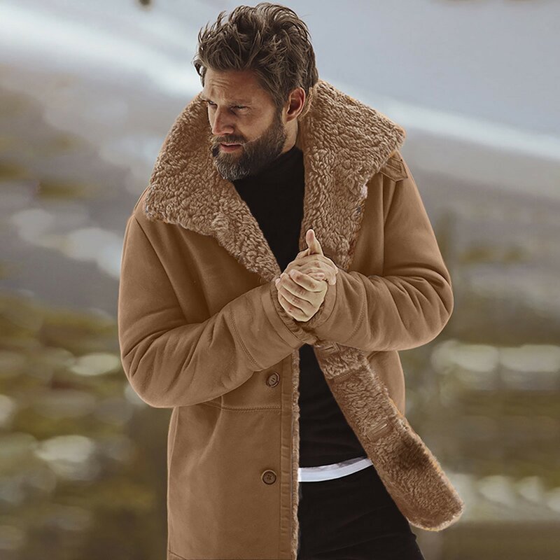 Jaket kulit domba hangat pria, mantel wol luar ruangan, jaket longgar gunung musim dingin