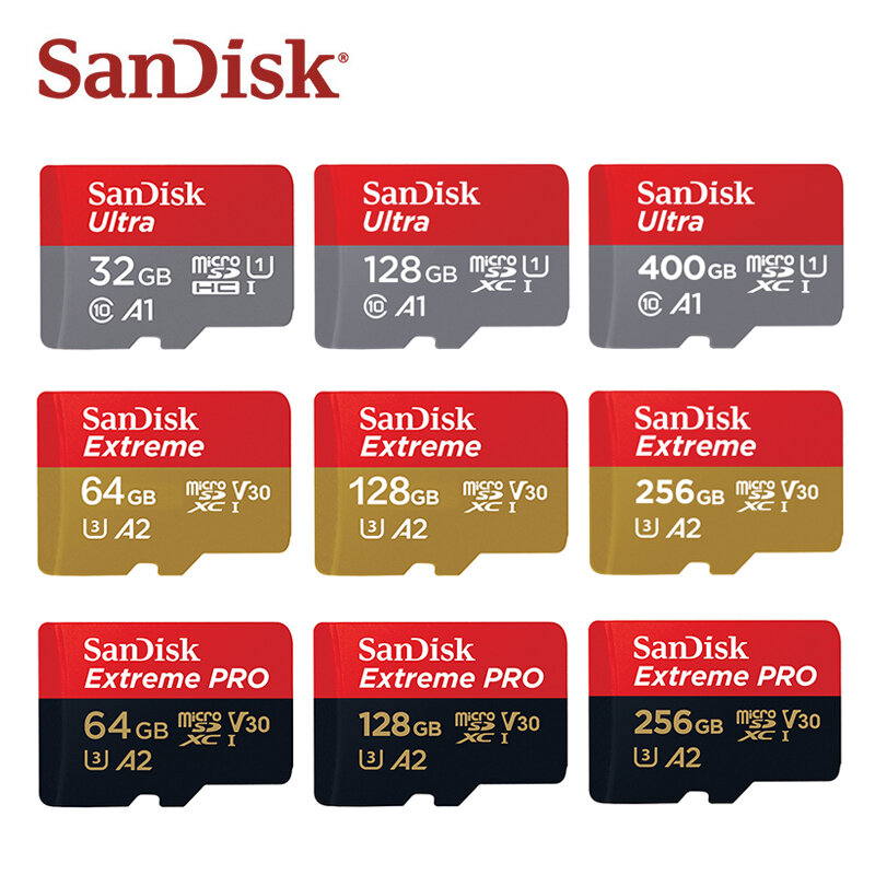 بطاقة ذاكرة SanDisk Micro SD 32GB A1 MicroSDHC بطاقة ذاكرة 64GB 128GB 256GB 400GB MicroSDXC EXTREME PRO V30 U3 A2 4K بطاقات UHD TF