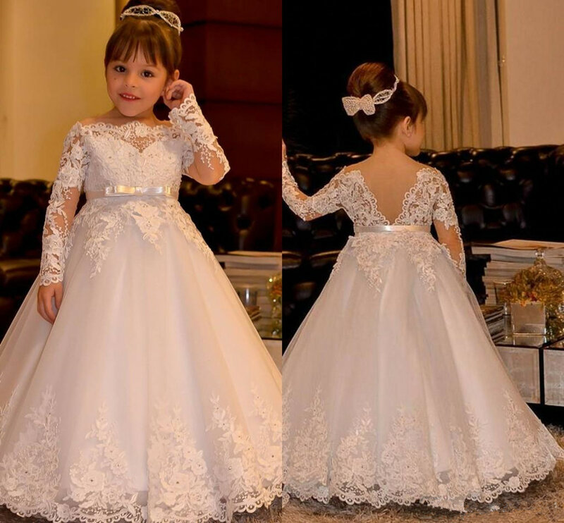 Цветочные платья для девочек на свадьбу, кружевные платья принцессы с длинным рукавом и открытой спиной для первого причастия, яркое платье для девочек