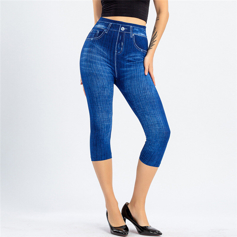 Damskie jeansowe legginsy z nadrukami modne legginsy imitacja dżinsów legginsy Stretch nadruk krótkie/długie legginsy letnie bryczesy