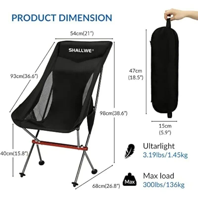 Składane krzesło kempingowe wysokim oparciem SHALLWE Ultralight, ulepszona konstrukcja aluminiowa, wbudowana poduszka, boczna kieszeń i torba do noszenia