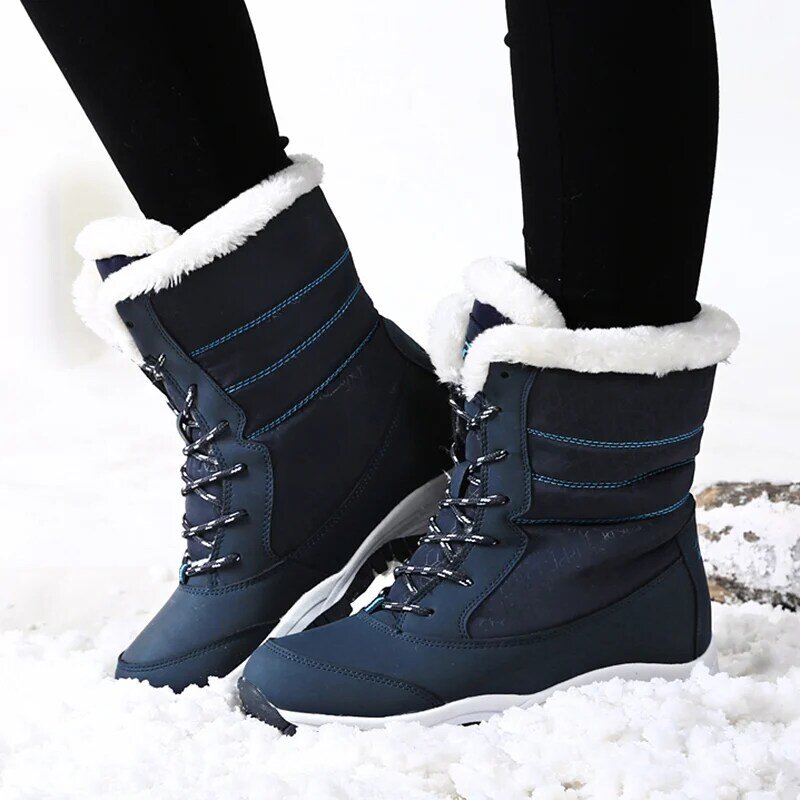 Botas de nieve impermeables para mujer, botines con plataforma y tacón grueso de piel, para invierno, 2022