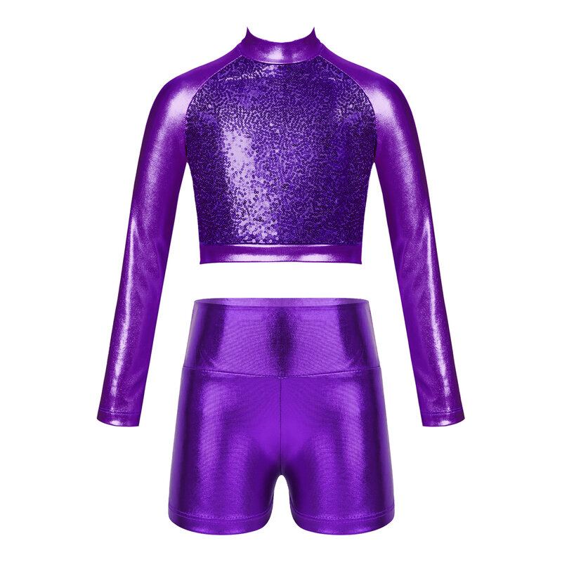 Kids Girls Glossy Metallic Dance Outfit Long Sleeve Sequin Crop Top And High Waist Dance Shorts Activewear Suit