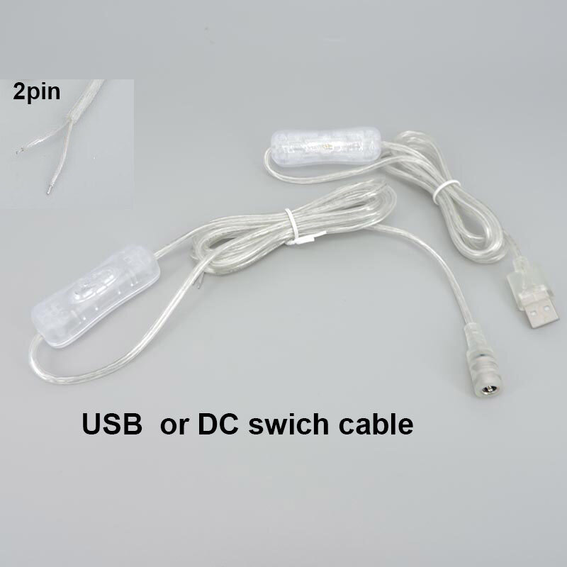2pin transparan DC 3A USB laki-laki perempuan 5V 12V kabel tombol saklar catu daya konektor kabel perpanjangan kabel untuk LED lampu Neon Strip 2M