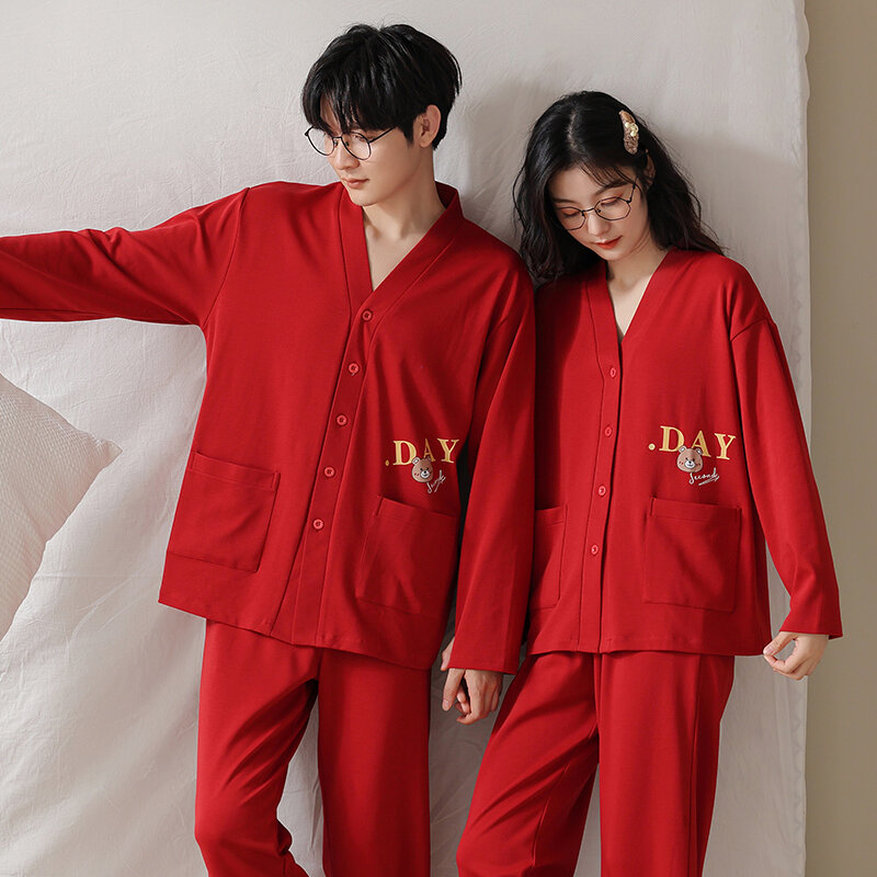Couple Pajama Set Simple Sleepwear Long Sleeve 100% Cotton Leisure Spring Autumn Loungewear
