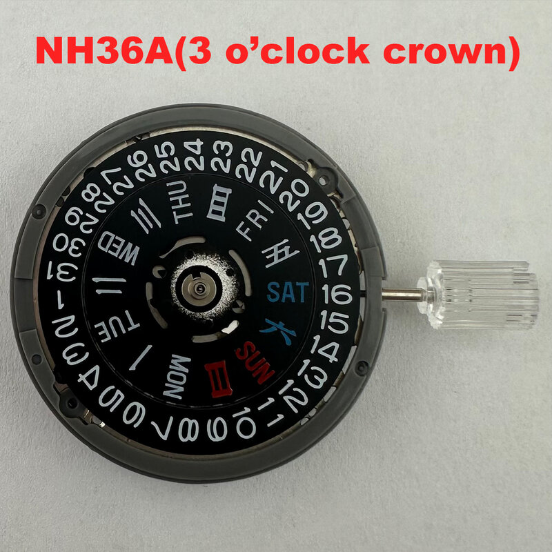 กลไกการเคลื่อนที่แบบ NH36A ความแม่นยำสูงปฏิทินสีดำในภาษาจีนและภาษาอังกฤษอะไหล่การเคลื่อนที่ของนาฬิกามงกุฎ