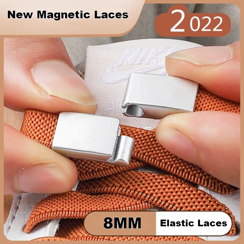 Cadarços de fechadura magnética sem laços, Cadarços elásticos para tênis, Cadarço plano para crianças e adultos para sapatos, 8mm, Novo