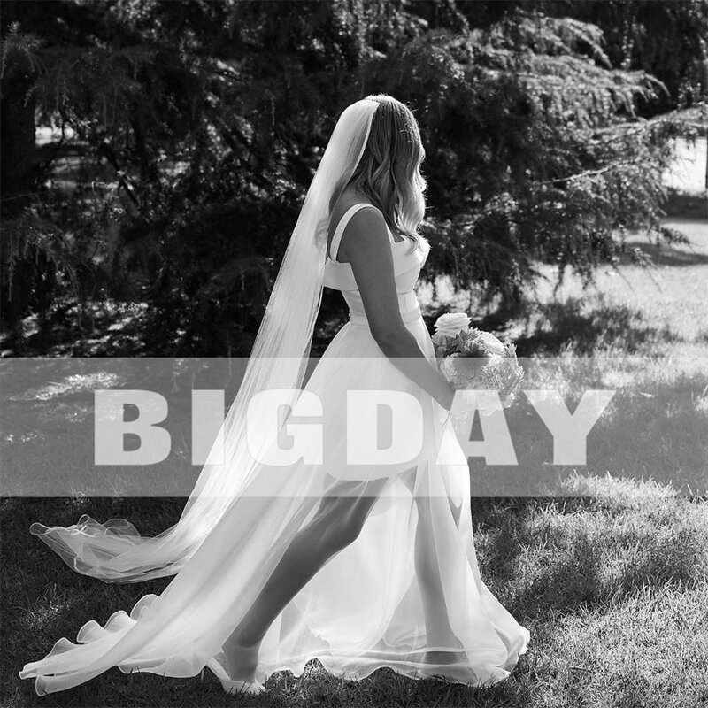 Elegante vestido de noiva linha A para mulheres, colarinho quadrado, alças de espaguete, costas abertas, vestido de noiva de tule, 2021