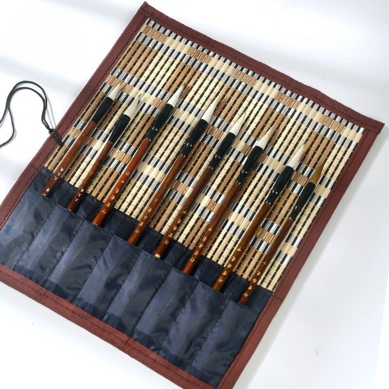 Tirai pena bambu gaya kuno, tas pena empat sisi, tas penyimpanan kuas kaligrafi portabel, tas kaligrafi lukisan siswa seni