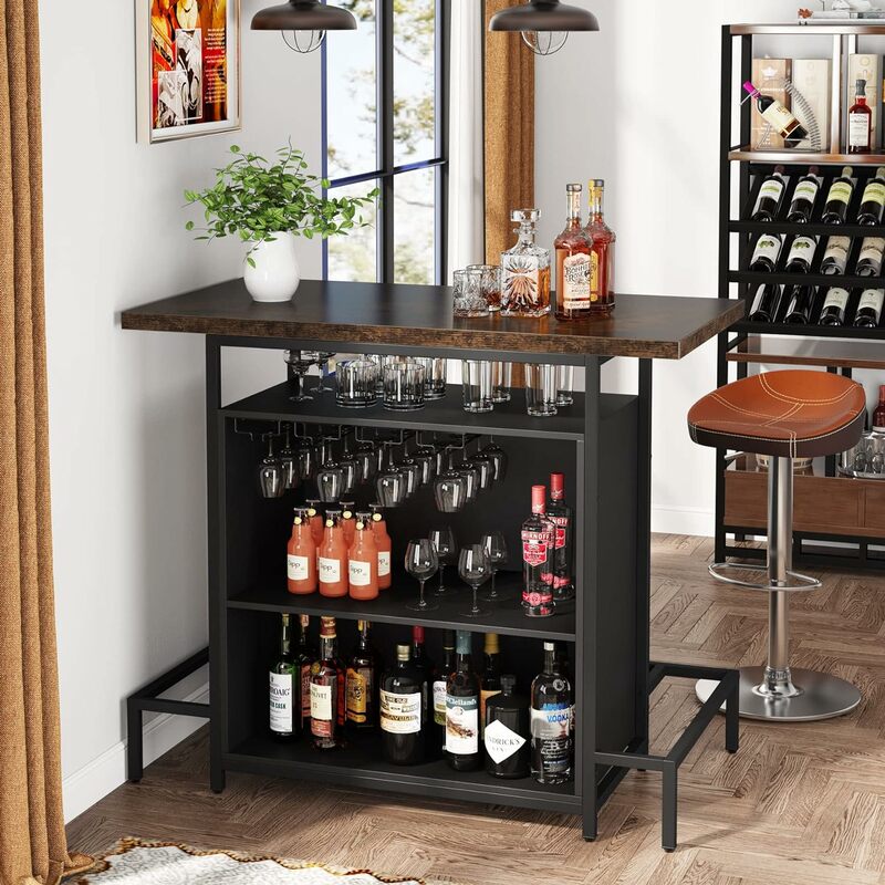 Home Bar Unit Cabinet with Footrest, Industrial 3-Tier Liquor Bar Table with Stemware Rack and Wine Storage