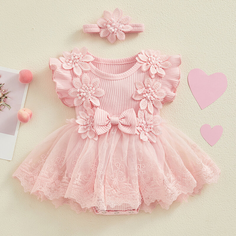 Summer Baby Girl Mesh Lace Ruffle Princess pagliaccetto Dress fascia Sweety Girls Bow Flower body Dress Outfits