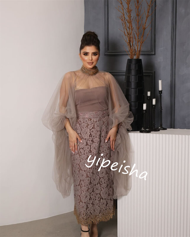 Prom Dress Evening Tulle Sequined Cocktail Party Column High Collar Bespoke Occasion Gown Midi Dresses Saudi Arabia