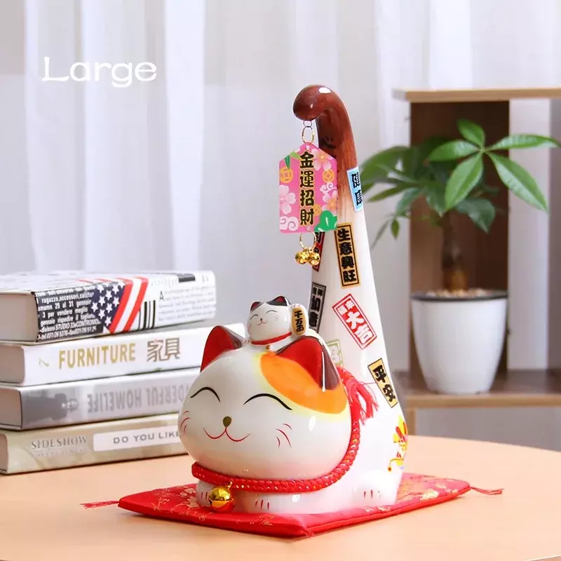 일본 스타일 마네키 네코 세라믹 행운의 고양이 만화 긴 꼬리 고양이 조각상, 풍수 비즈니스 장식, 홈 장식, 1 개
