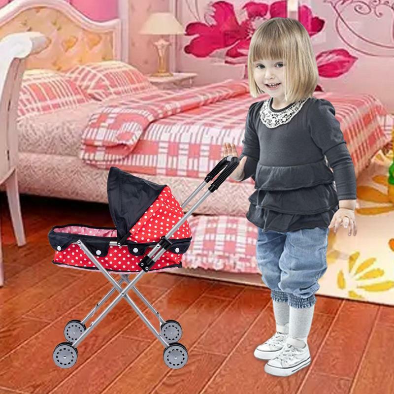 Kereta dorong bayi untuk boneka, mainan kereta bayi dapat dilipat realistis dengan kanopi yang dapat dilepas dan pegangan lembut