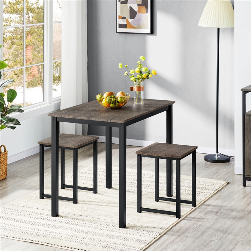 BOUSSAC  3-Piece Dining Set with Industrial Square Table & 2 Backless Chairs, Drift Brown