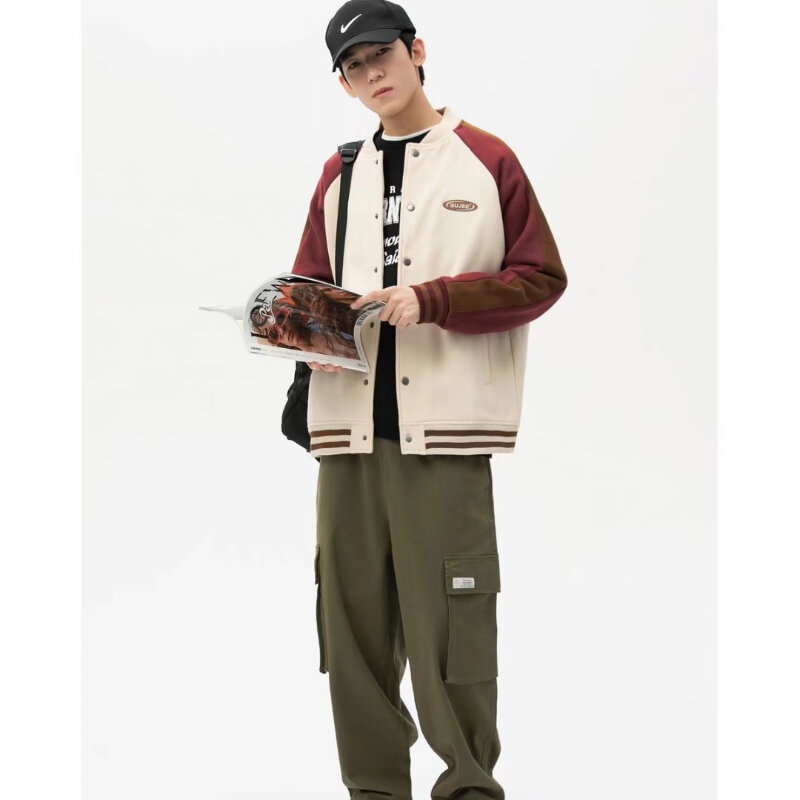 American Color Blocking Baseball Jackets Mens 2024 New Casual Fashion Single Breasted Coats Printed Pilot College Outwear Y2k