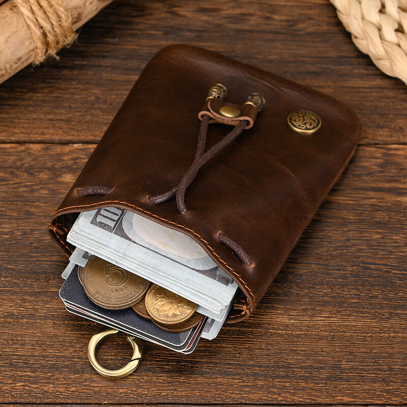 Mini bolsa de couro artesanal para homens e mulheres, carteira de chave vintage, cartão clipe curto feminino, saco de chave
