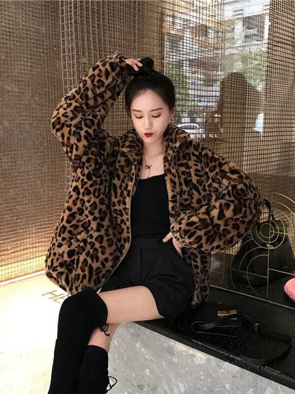 Jaqueta de pele de leopardo feminina, gola alta, zíper, casacos de pelúcia, vintage, moda coreana, casual casual casual, fofo, quente, feminina, inverno