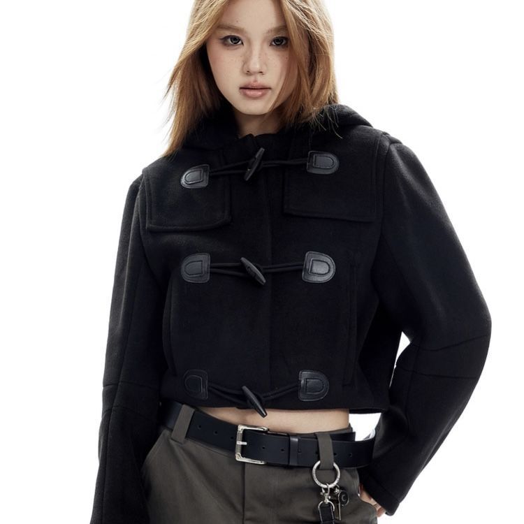 Jaket wol bertudung untuk wanita, jaket pendek elegan modis bergaya Korea musim gugur dan dingin, mantel wol bertudung untuk wanita