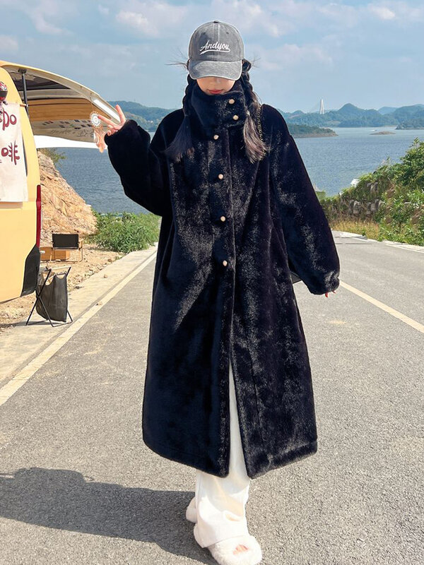 Jaqueta de pelúcia feminina manga comprida sobre o joelho, casacos casuais de neve, casaco monocromático, streetwear espessado, botão, outono, inverno