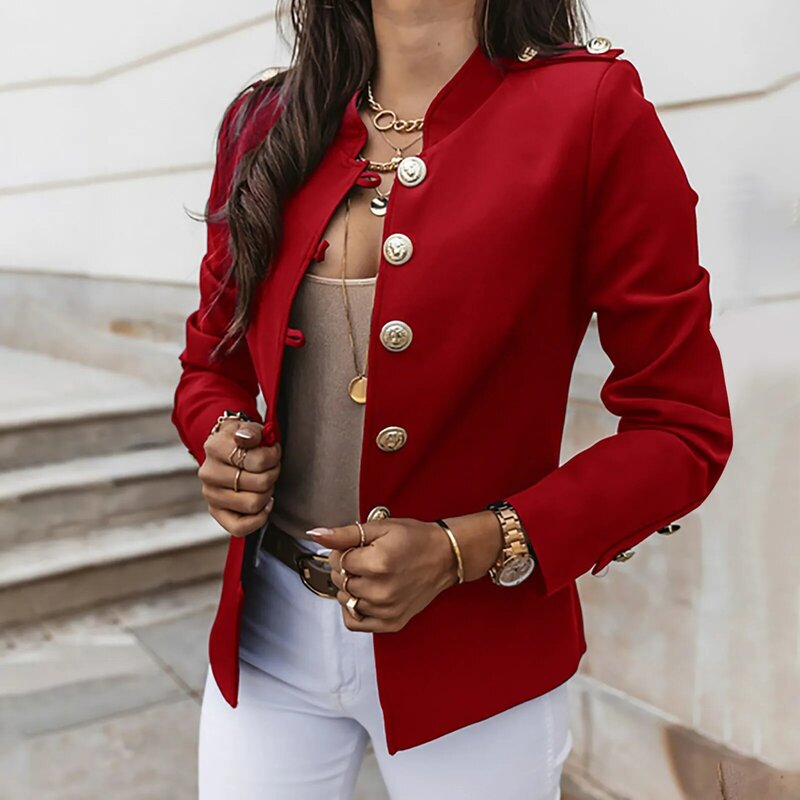 여성용 캐주얼 슬림핏 단색 상의, 단추 긴팔 스탠딩 칼라, 비즈니스 세트 재킷, 트렌디 오피스 짧은 세트 코트