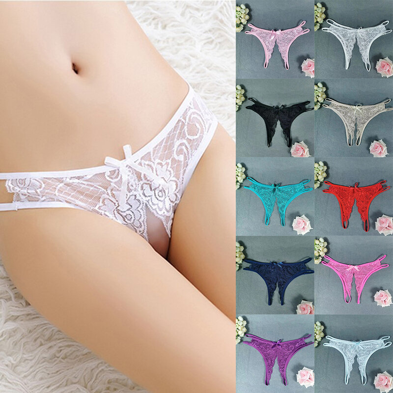 Lace Open Crotch Women Panties Low Waist Split Ends Sexy Temptation Bow Thong Elasticity Breathable Hot Underwear Exotic Panties