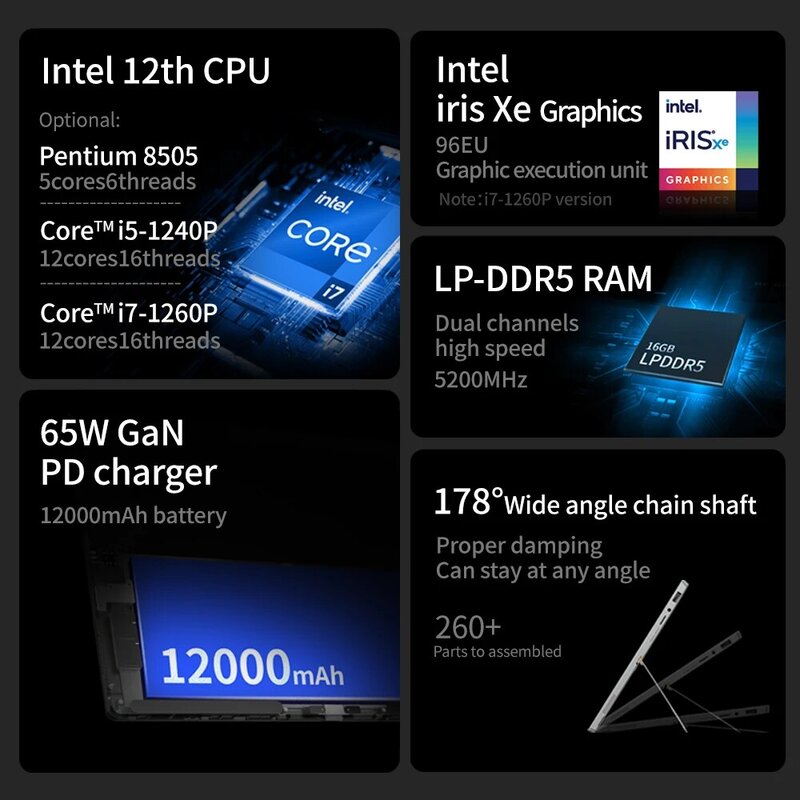Нетбук One T1, 13 дюймов, 2K IPS, планшетный ноутбук 2 в 1, ПК Gen12 Intel Core i5 1240P DDR5 16 ГБ + 2 ТБ SSD Windows 11 WiFi 12000 мАч 65 Вт