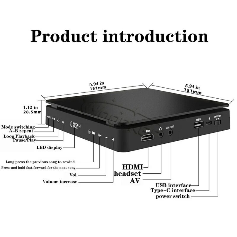 DVD-плеер Woopker, HD-плеер, HDMI, AV, подключение к USB-входу, наушники, выход, сенсорный экран, HD 1080P, Type-C, 5 В/2 А