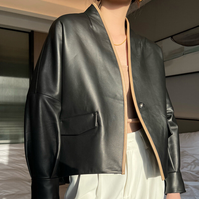 여성용 정품 가죽 자켓 v 넥 솔리드 방풍 쇼트 코트 패션 스트리트웨어 우아한 2022 신제품, AEL4935