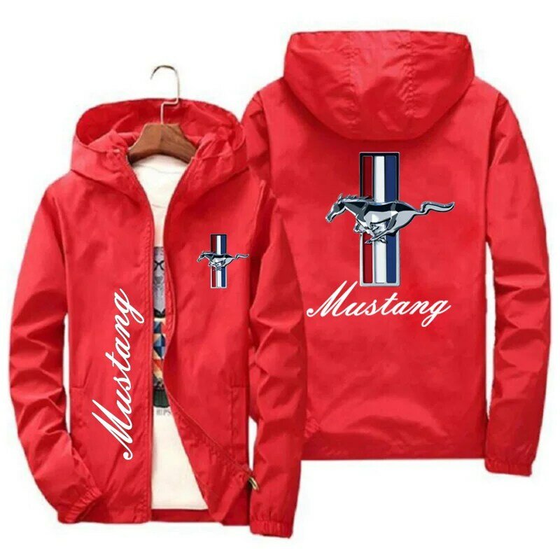 2024 Spring and Autumn Men's Hooded Jackets Outdoor Waterproof Casual Jackets Ford Mustang Car Logo Print