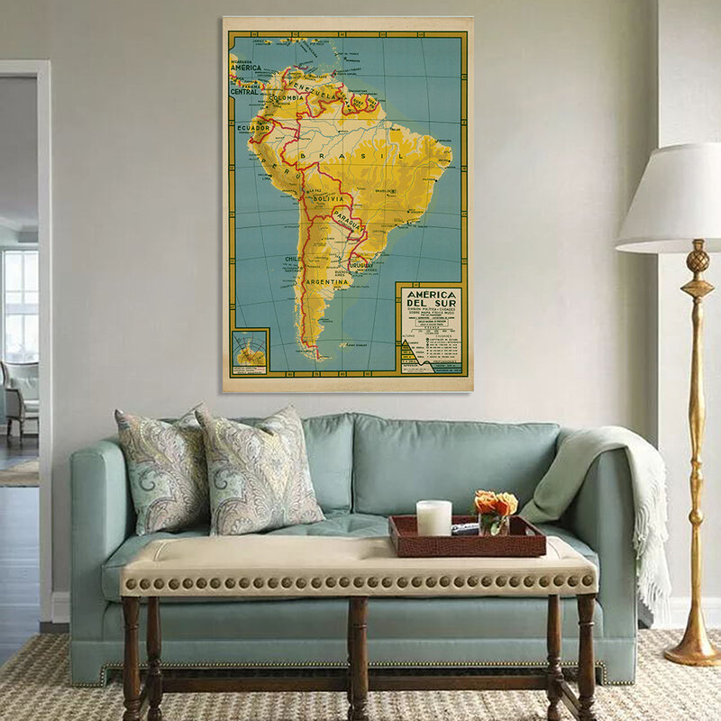 Mapa da américa do sul em espanhol, poster vintage de 100*150cm, pintura em tela para sala, decoração de casa, material escolar