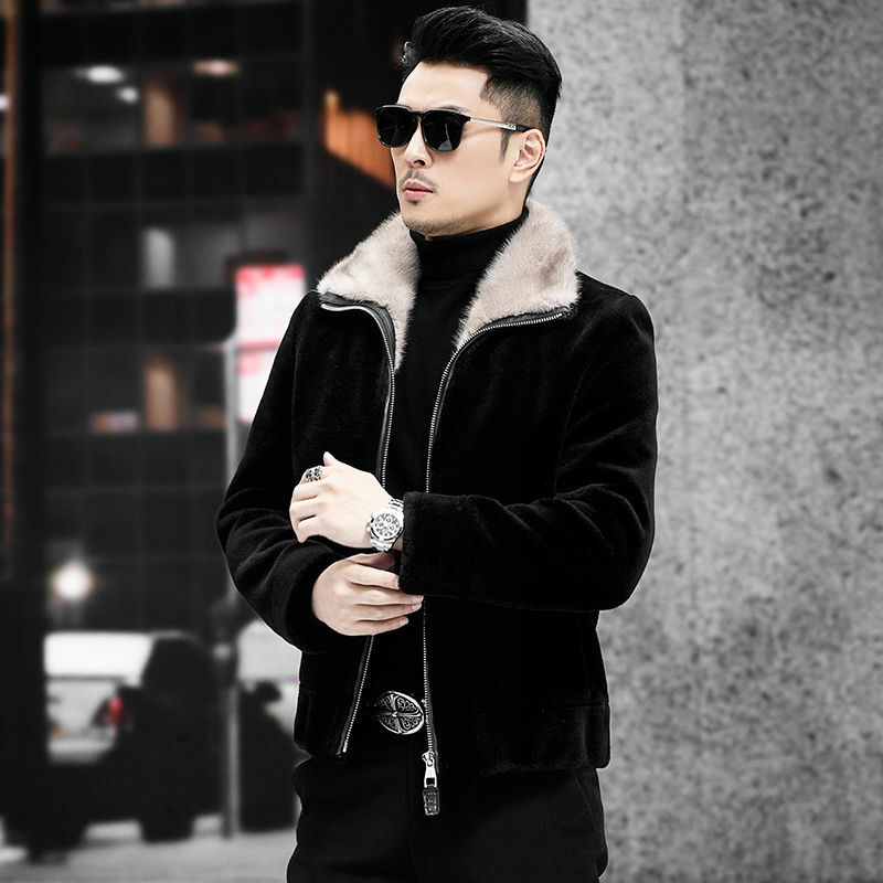 2023 Winter Men New Fashion Genuine Lambswool Jackets Male Real Mink Fur Collar Overcoats Men Long Sleeve Warm Coats I534