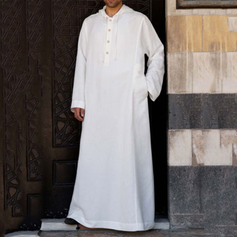 ชายมุสลิมเสื้อผ้า Saudi Arab มีฮู้ดแขนยาวชุดเสื้อคลุม Jubba Thobe ดูไบตะวันออกกลางผู้ชายอิสลาม Saudi Arabia Kaftan