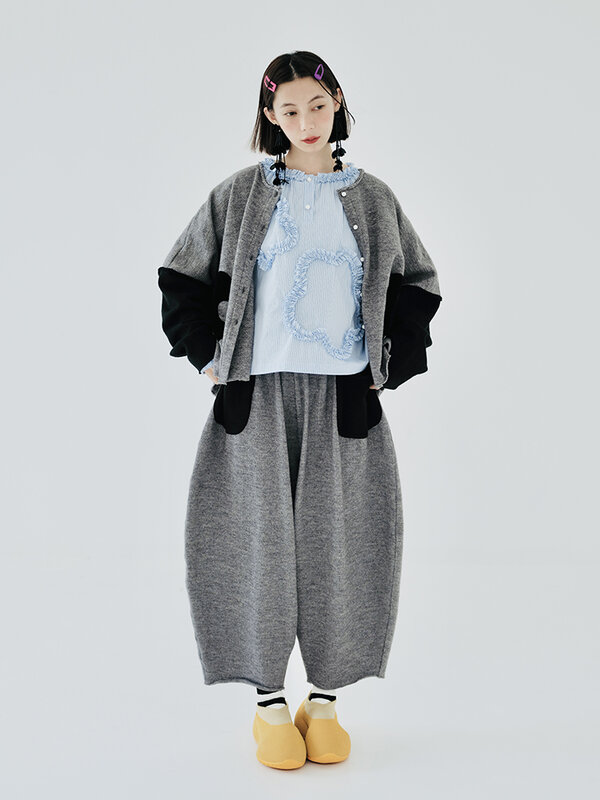 Imakkokoni design original cashmere calças de cintura elástica no outono e inverno moda feminina cor contraste bolso