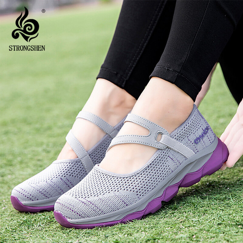 STRONGSHEN-zapatos informales transpirables de malla para mujer, zapatillas ligeras para caminar, planos, antideslizantes