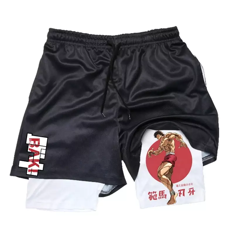 Shorts de ginástica anime Hanma Baki masculino, shorts de prancheta de secagem rápida preto, malha 2 em 1, musculação masculina, fitness, com calças curtas, verão
